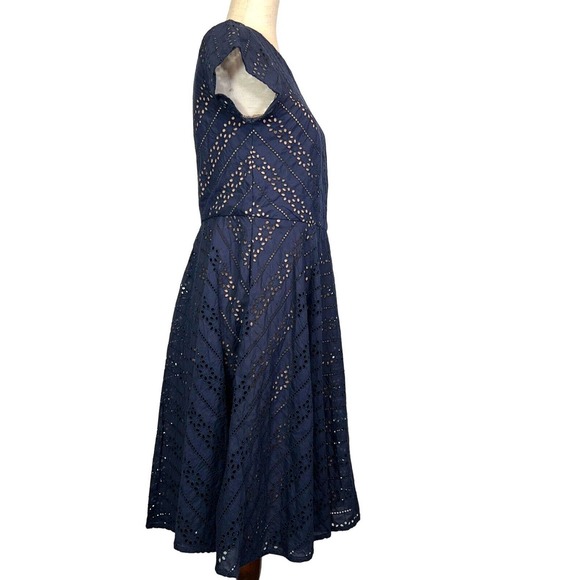 eShakti Navy Blue Eyelet Dress Short Sleeve Fit& Flare Cocktail READ DESCRIPTION - Picture 4 of 14